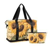 Quteprint Waterproof Sports Gym Bag - Vintage Music Notes Sunflower Large Capacity Duffel Bag with Dry Wet Compartment & Shoe Storage, Yoga Swim Travel Tote for Workout, Fitness, Overnight Trip