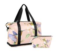 Quteprint Waterproof Sports Gym Bag - Watercolor Hummingbirds Flowers Tree Large Capacity Duffel Bag with Dry Wet Compartment & Shoe Storage, Yoga Swim Travel Tote for Workout, Fitness, Overnight Trip