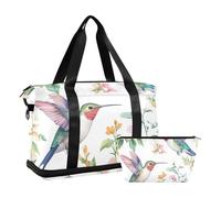 Quteprint Waterproof Sports Gym Bag - Watercolor Hummingbirds Spring Flowers Large Capacity Duffel Bag with Dry Wet Compartment & Shoe Storage, Yoga Swim Travel Tote for Workout, Fitness, Overnight Tr