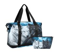 Quteprint Waterproof Sports Gym Bag - Wolf Galaxy Stars Moonlight Large Capacity Duffel Bag with Dry Wet Compartment & Shoe Storage, Yoga Swim Travel Tote for Workout, Fitness, Overnight Trip