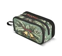 Quteprint Zipper Pencil Case, Christmas Bells Holly Leaves Large Capacity Durable Pencil Bag with 3 Compartments, School College Office Organizer for Students, Teens, Adults, Boys & Girls