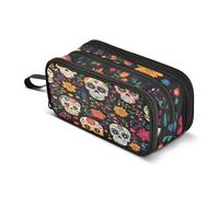 Quteprint Zipper Pencil Case, Colorful Sugar Skulls Floral Large Capacity Durable Pencil Bag with 3 Compartments, School College Office Organizer for Students, Teens, Adults, Boys & Girls