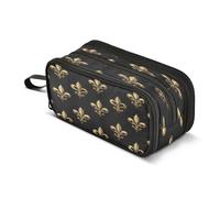 Quteprint Zipper Pencil Case, Gold Fleur De Lis Flower Large Capacity Durable Pencil Bag with 3 Compartments, School College Office Organizer for Students, Teens, Adults, Boys & Girls