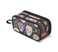Quteprint Zipper Pencil Case, Mexican Floral Sugar Skulls Large Capacity Durable Pencil Bag with 3 Compartments, School College Office Organizer for Students, Teens, Adults, Boys & Girls