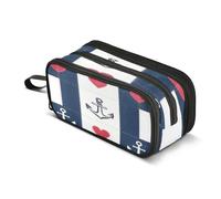 Quteprint Zipper Pencil Case, Nautical Anchor Heart Stripe Large Capacity Durable Pencil Bag with 3 Compartments, School College Office Organizer for Students, Teens, Adults, Boys & Girls