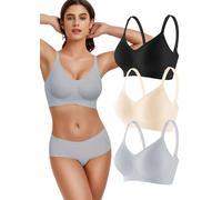 Quttlzze 3-Pack Wireless Womens Bras No Underwire Seamless Jelly Bra Light Support Pullover Bralette Ultra Comfort Tshirt Bra, Black/Nude/Rock Ash, L
