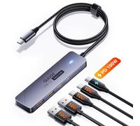QUUGE USB C Hub 10Gbps with 100W PD, 4-Port USB Adapter with 2×USB 3.2 Gen 2 & 2×Type-C Data Ports, 1m Nylon Cable, Plug & Play USB-C Splitter for MacBook, iPad, Laptop - Grey