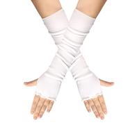 QUUPY 1 Pair Classic White Fashion Lotus Leaf Style Stretch Fingerless Gloves Elbow Length Thumb Hole Arm Warmers Winter Autumn Arm Sleeve for Women Girls