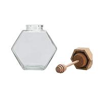 QUUPY 1PC 380ml /12.85Ounce Empty Glass Refillable Honey Pot Jar with Wooden Dipper and Cork Lid Cover Hexagon for Home Kitchen Shape Pot Container