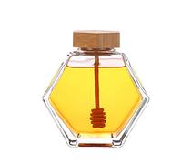 QUUPY 1PCS Honey Jar Clear Empty Refillable Glass Honey Dispenser Hexagon Honey Pot Container with Wooden Dipper and Cork Lid for Home Kitchen Restaurant