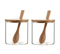 QUUPY 2PCS Minimalist Glass Jar Set, 300ML, Transparent, 2.9 * 3.5 inches, Spice Jars with Spoons & Lids, Food Storage for Home Kitchen Cafe