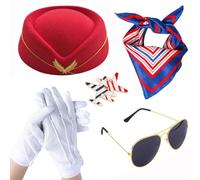 QUUPY 5PCS Airline Stewardess Costume Accessories Set Womens Flight Attendant Costume Accessories Cosplay Outfit for Adults Cosplay Dress up Party(Red)