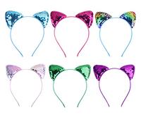 QUUPY 6PCS Sequin Cat Ears Headbands Shiny Ear Hair Hoops Cute Bling Kitty Sparkly Glitter Hairband for Halloween Birthday Party Costume Props
