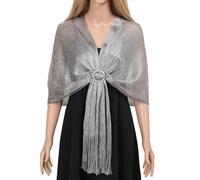 QUUPY Silver Women Sparkling Metallic Shawls Wraps Glitter Large Party Shawl with Buckle for Evening Party Dresses Wedding
