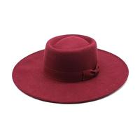 QUUPYSTORE Women Classic Wide Brim Fedora Flat Top Hat Felt Boater Pork Pie Jazz Hat Panama Hat with Bow Belt Wine Red