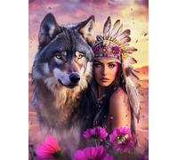 Quxaoqiao DIY 5D Adults and Beginners Diamond Painting Full Drill Kits Indian Girl Wolf Pictures Rhinestone Crystal Diamond Art Perfect for Gift and Home Wall Decor Square Drill 45x60cm AC2135
