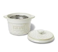 QUXIJA Ceramic Bacon Grease Container with Strainer -18oz,Ceramic Frying Oil Container Keeper for Kitchen, Easy-Grip Handle,Dishwasher Safe (Vintage White)