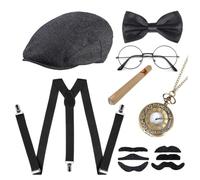 QUXV 20s Costume Men's Accessories, Mafia Costume Men, Party with Gangster Panama Hat Pocket Watch Braces Bow Tie Beards Glasses for Carnival Fancy Dress Halloween