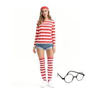 QUXVUIS Costume Set Red White Striped T-shirt Breathable Skin Friendly Knitting Socks Nerd Glasses Christmas Cosplay Outfit, Red, S