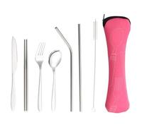QUYBSGWJ Reusable Durable Compact Portable Stainless Steel Travel Flatware Sets 7 Pack with Carrying Case,Pink,24 * 6.5 cm