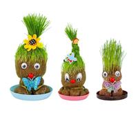 QUYHMER 3 Pack Grass Head Decor Growing Ornaments with Matching Water Trays, DIY Mini Sprout Plant Tabletop Figurines, Indoor Micro Landscape & Aesthetic Desktop Decor Gift