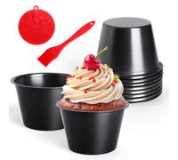 Quyimy 10pcs Pudding Moulds, Carbon Steel Nonstick Muffin Tin Dariole Moulds Mini Pudding Basins for Air Fryer Oven, Individual Baking Cups for Muffin, Egg Tart Mould w Oil & Dish Brushes(8.9x5.5cm)