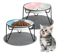 Quyimy 2Pcs Cat Bowl, Ceramic Raised Cat Food Bowl, Elevated Pet Bowl,Anti Vomiting Cat Feeding Bowl, Non Slip Cat Dish with 2 Non-Slip Mats (Blue&Pink)