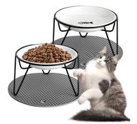 Quyimy 2Pcs Cat Bowl, Ceramic Raised Cat Food Bowl, Elevated Pet Bowl,Anti Vomiting Cat Feeding Bowl, Non Slip Cat Dish with 2 Non-Slip Mats (Fish)