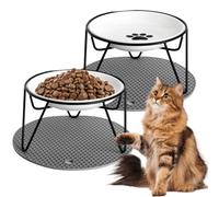 Quyimy 2Pcs Cat Bowl, Ceramic Raised Cat Food Bowl, Elevated Pet Bowl,Anti Vomiting Cat Feeding Bowl, Non Slip Cat Dish with 2 Non-Slip Mats (Fish&Pat)