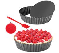 Quyimy 2PCS Quiche Tins 24cm Pie Quiche Dish with Loose Basee, 5.8cm Deep Round Tart Pie Tin Carbon Steel Fluted Flan Tin, 9 inch Cake Tin with Oil & Dish Brush