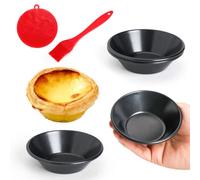 Quyimy 4 Packs Egg Tart Molds, 3 Inch Mini Tart Tins Carbon Steel Quiche Tin with Oil & Dish Brushes for Baking Cupcake Cake Muffin Mold, Ideal for Individual Pie Dish, Cakes, Cookies, Desserts, 8CM