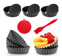Quyimy 8 Packs Tart Tins 1.2'' Deep Quiche Dish Tart Pans 4'' Removable Bottom Round Fluted Quiche Tins Non-Stick Round Carbon Steel Individual Pie Dishes with Oil Brush&Silicone Scrubber(10x3cm)