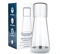 Quyimy Bedside Water Carafe Set With Glass, Lid, Tumbler for Nightstand, Bedroom, Bath - Clear Carafe With Cup & Grey Silicone Coaster for Mouthwash - 30 oz/850ml