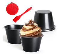 Quyimy Carbon Steel Pudding Moulds, 4 Pack Dariole Moulds Muffin Tin, Individual Baking Cups Egg Tart Mould for Air Fryer Oven, Groves Mini Muffin Mince Pie Cupcake Cups w Oil & Dish Brush, 8.9x5.5cm
