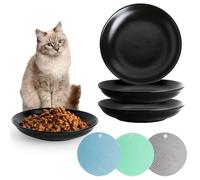 Quyimy Ceramic Ceramic Cat Food Bowl Set - 3 Pack Shallow Cat Dishes with 3 Non-Slip Mats, Stress-Free Whisker Fatigue Relief Bowls, Black Pet Food Dishes