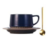 Quyimy Ceramic Coffee Mug Sets Tea Cup and Saucer Set, Porcelain Espresso Coffee Cup with Saucer and Golden Spoon, 300ml/10.5oz, Valentines Mothers Birthday Christmas Gifts for Women Friend, Navy Blue