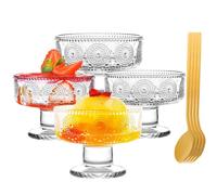Quyimy Dessert Glasses Cups Set of 4, Elegant Stemmed Glass Dessert Dishes Ice Cream Bowls with Gold Spoon, Vintage Cocktail Footed Ribbed Glass, Fruit Parfait Cups for Sundae, 7.5oz