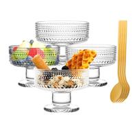 Quyimy Dessert Glasses Cups Set of 4, Ice Cream Bowls with Gold Spoon, Elegant Stemmed Glass Dessert Dishes, Vintage Cocktail Footed Ribbed Glass, Fruit Parfait Cups for Sundae, 7.5oz