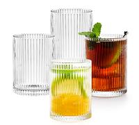 Quyimy Gin Glasses Ripple Highball Drinking Glasses Set of 4 Cocktail Tall stemless Glasses Vintage Ribbed Glassware, Ideal for Cocktail Coffee Soda Juice Rum, 266ML/6.5oz, Origami Style