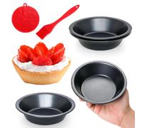 Quyimy Individual Pie Dish, Mini Quiche Tin Tart Tins Set of 4, 12 cm Round Pie Tins Quiche Dish, Carbon Steel Non Stick Small Pudding Pie Tin Dish for Oven Baking with Oil Brush&Silicone Scrubber