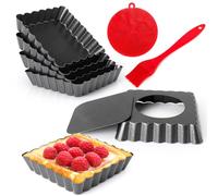 Quyimy Tart Tins 6 Packs Square 10cm Quiche Dish, 4 inch Quiche Tins with Loose Base, Non-Stick Carbon Steel Pie Dishes Flan Tins with Oil & Dish Brush
