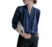 QUYNAGER Women's Elegant Satin Blouse,Casual Fashion Solid Long Sleeve Wrap V Neck Blouse Shirt Top,Satin Blouses for Women (Navy Blue,Large)