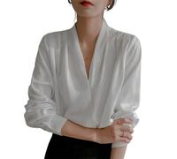 QUYNAGER Women's Elegant Satin Blouse,Casual Fashion Solid Long Sleeve Wrap V Neck Blouse Shirt Top,Satin Blouses for Women (White,X-Large)