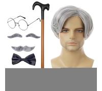 Quzente 8 Pieces Men Adult Size Grandpa Costume Set - Grey Wig, Mustache, Eyebrows, Cane, Glasses, Mustache Bow Tie And Wig Cap, Dress Up Costume Accessories For Men Halloween Christmas Cosplay (A)