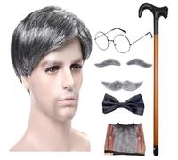 Quzente 8 Pieces Men Adult Size Grandpa Costume Set - Grey Wig, Mustache, Eyebrows, Cane, Glasses, Mustache Bow Tie And Wig Cap, Dress Up Costume Accessories For Men Halloween Christmas Cosplay (B)