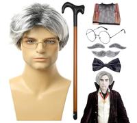 Quzente 8 Pieces Men Adult Size Grandpa Costume Set - Grey Wig, Mustache, Eyebrows, Cane, Glasses, Mustache Bow Tie And Wig Cap, Dress Up Costume Accessories For Men Halloween Christmas Cosplay (C)