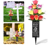 Quzzil 1 Set 3 Pcs Cemetery Vases for Grave Metal Memorial Grave Vase with Artificial Flowers and Foam Flower Holder Decorations with Thoughtful Words for Lawn Yard Outdoor (Grandma)