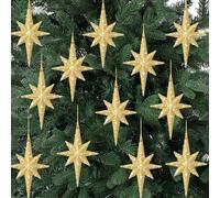 Quzzil 12 Pcs Christmas Gold Bethlehem Star Ornaments Glitter 4.72 x 2.95In | Star of Bethlehem Decor for Tree Topper or Hanging, Nativity Scene Decor, Plastic Glitter Finish, Festive Holiday Ornaments