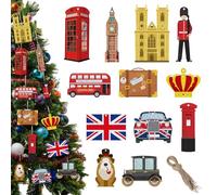Quzzil 24 Pcs Wooden British Christmas Ornaments - London Souvenirs with Tower Bridge, Big Ben, England Themed Decorations for Christmas Tree