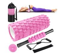 Qveetry Foam Roller Set 6-in-1 Deep Tissue Muscle Massage, Trigger Point Grid Sports Massager with Massage Roller, Resistance Bands, Massage Ball and Workout Poster, Fitness Gym Physio (Rose)